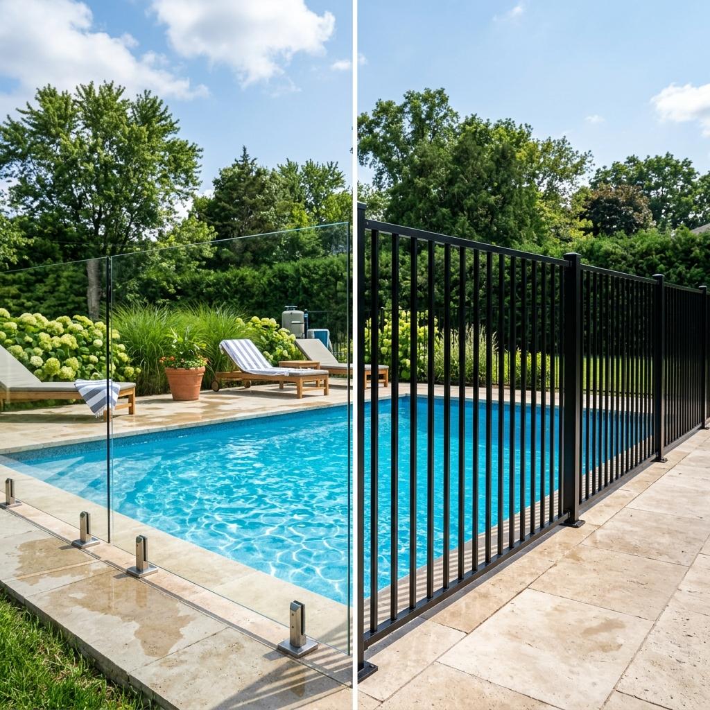 Exterior frameless glass deck and pool enclosure comparison in Toronto