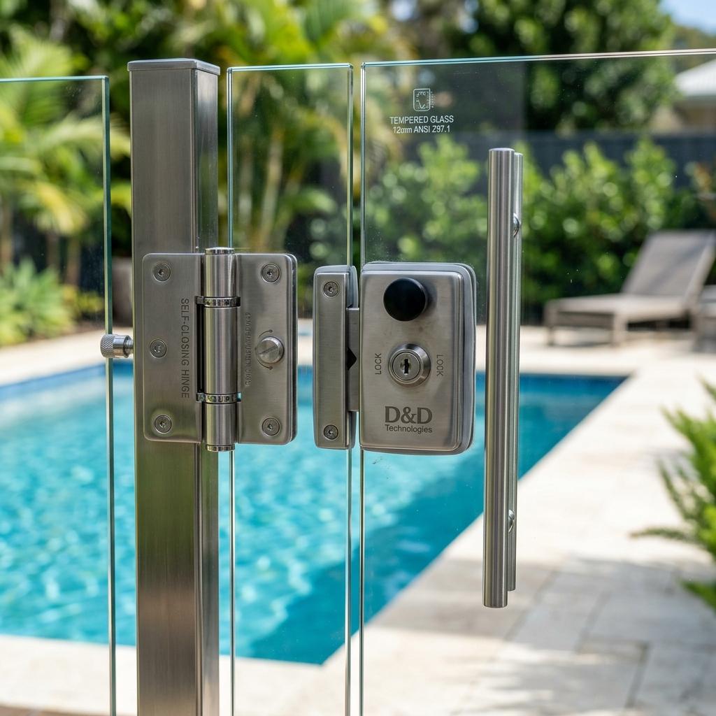 Self-latching safety gate hardware on glass pool fence