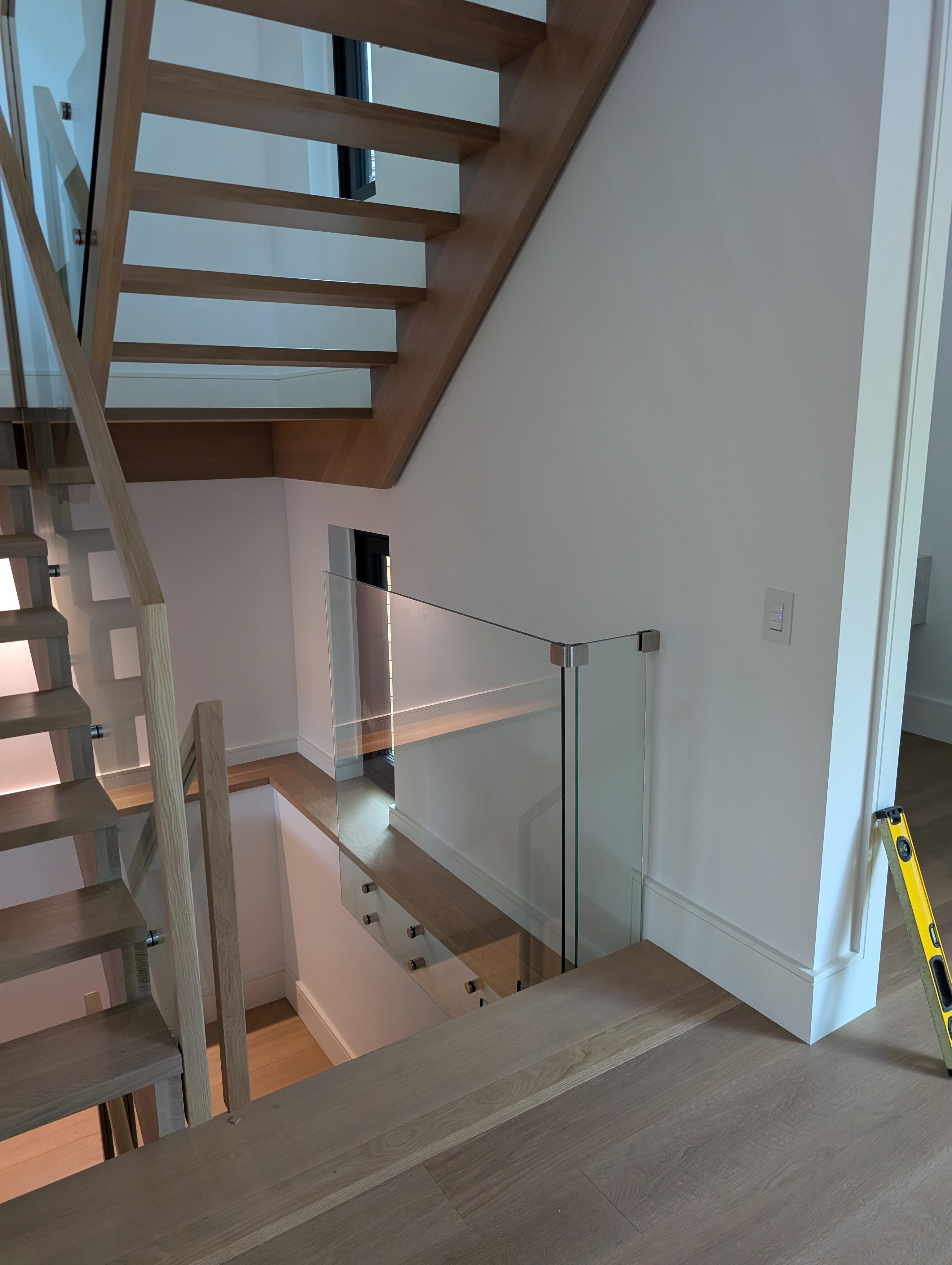 Exterior glass railing and entry steps with black standoffs